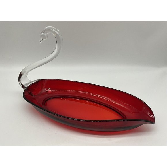 Vintage Viking Glass Red Swan Dish MCM Collectible Art Glass Collectible Vintage - Picture 1 of 14